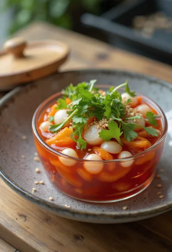 Yeolmu kimchi, fiatal nyári retek, fokhagymás és fűszeres pasztával, szezámmaggal díszítve