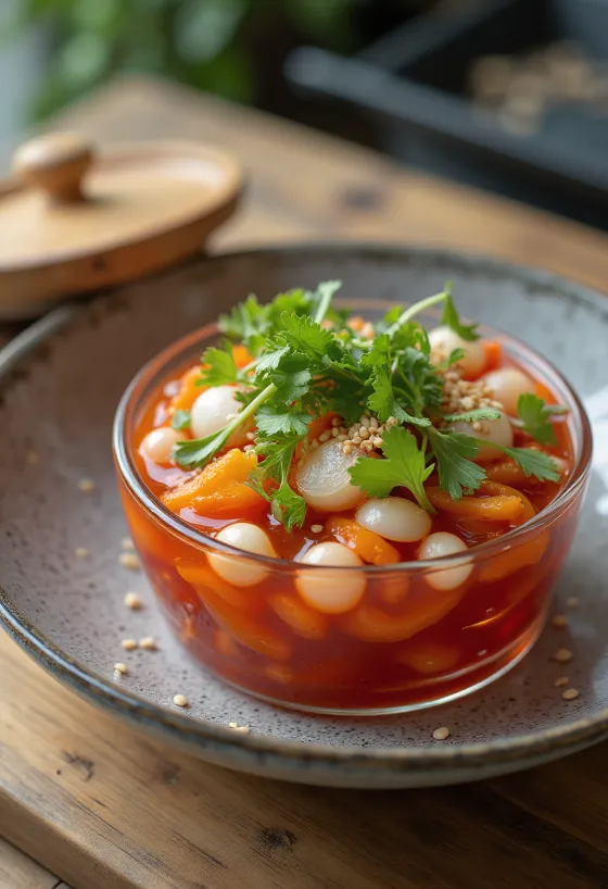 Yeolmu kimchi, fiatal nyári retek, fokhagymás és fűszeres pasztával, szezámmaggal díszítve