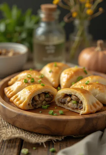Zöldhagymás, gombás tavaszi empanada, aranybarna, ropogós tészta gombás töltelékkel