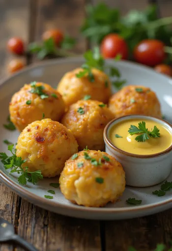 Acarajé mustáros szósszal, fekete babból készült golyók mustáros szósszal és korianderrel díszítve