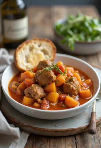 Callos sárgarépával, disznóhússal és zöldségekkel tálalva egy tányéron