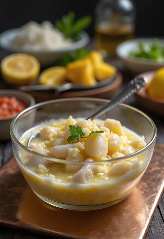 Ceviche con Leche de Tigre tálalva lime-lével és avokádóval