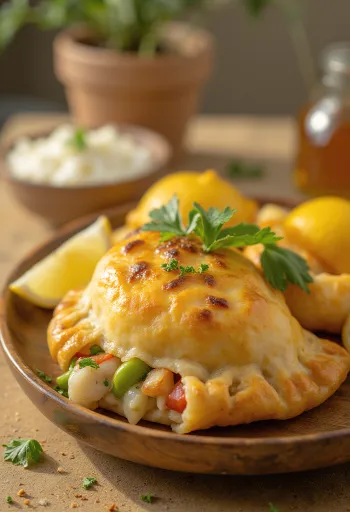 Chilean Empanada de Pescado, halas empanada fehér borral töltve, aranybarna tésztában