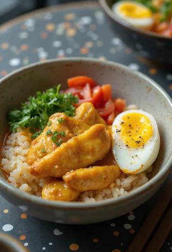 Curry-zöldséges Oyakodon tányéron, tojással és zöldségekkel