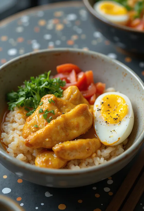 Curry-zöldséges Oyakodon tányéron, tojással és zöldségekkel