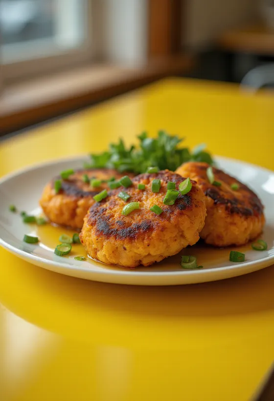Fishcake édesburgonyával, zöldhagyma és petrezselyem díszítéssel