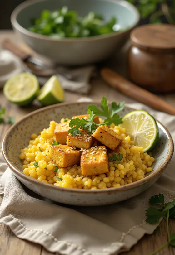 Fokhagymás quinoa currys lime tofuval