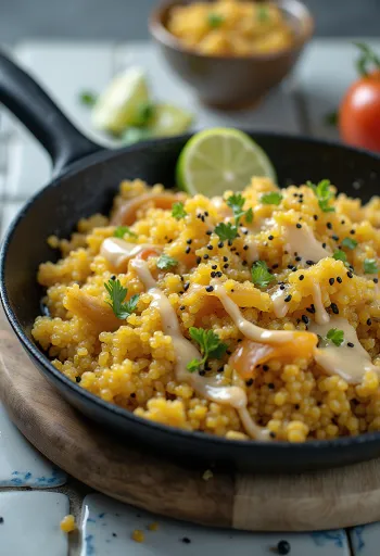 Fokhagymás quinoa wok currys tahinivel tálalva