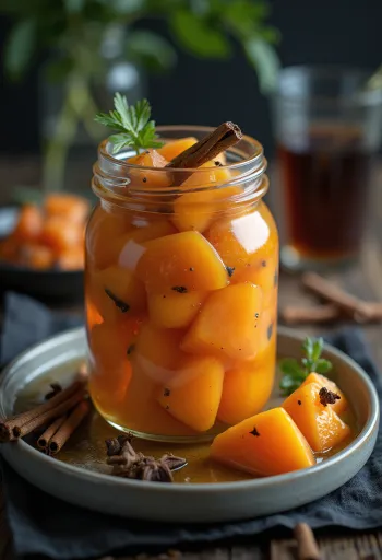 Fűszeres savanyított papaya üvegben tálalva