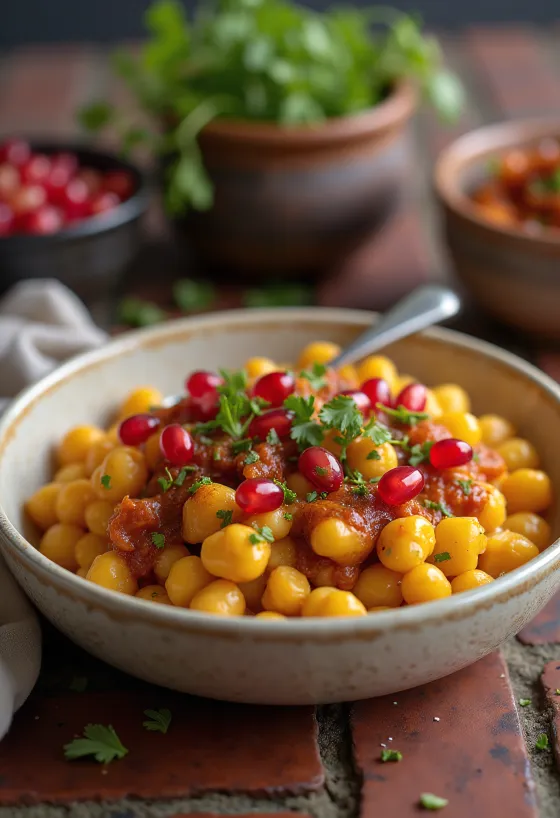Ghugni chaat sárga borsóval, tálalva friss korianderlevelekkel és tamarind chutney-val