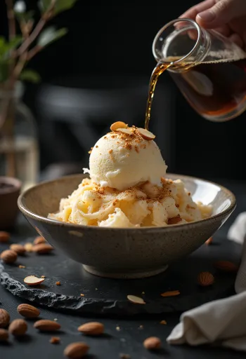 Kávés bingsu, jéggel, tejszínnel és csokoládé reszelékkel tálalva