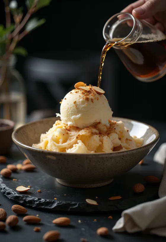 Kávés bingsu, jéggel, tejszínnel és csokoládé reszelékkel tálalva