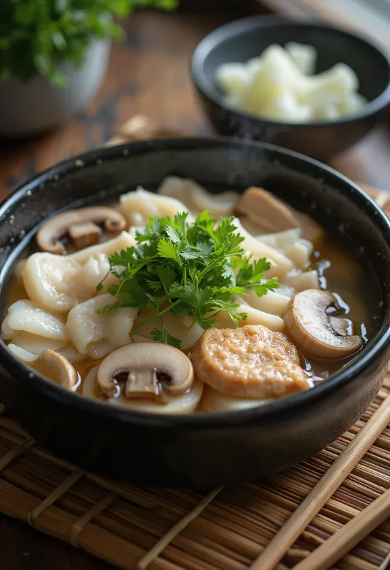 Kiritanpo nabe shimeji gombával, japán leves tálalva