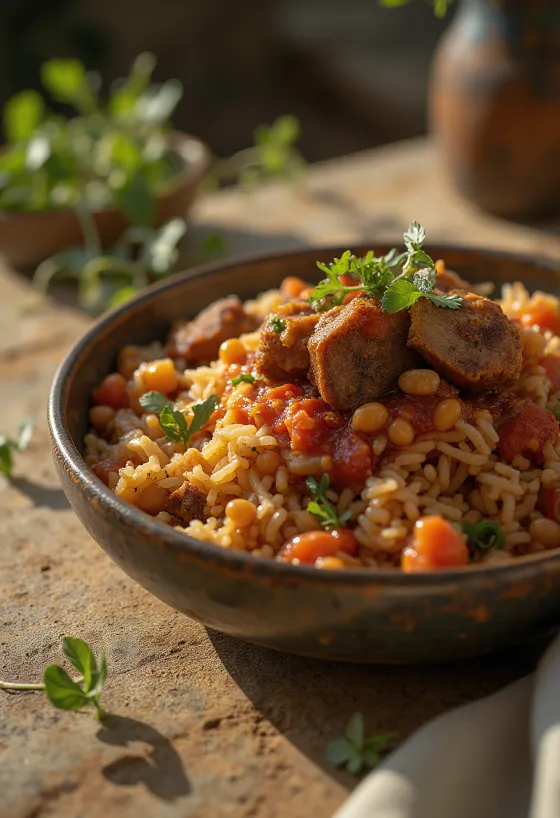 Koshari füstölt hússal, egyiptomi étel rizsből, lencséből és makaróniból, gazdag paradicsomos szószban