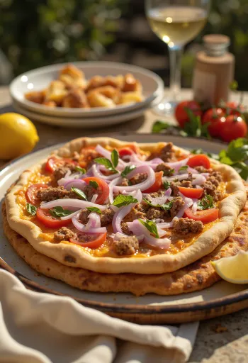 Lahmacun: vékony tésztán sült darált húsos feltét, friss zöldségekkel és citrommal tálalva