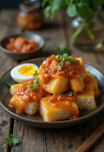 Lontong sambal szósszal, friss tojással tálalva