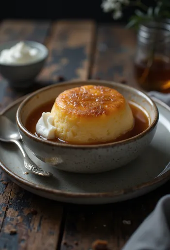 Malva pudding mikrós változatban, egy meleg, édes és krémes puding, tejföllel és karamellizált cukorral