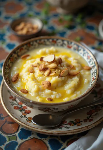 Mandulás-sáfrányos Kheer tálalva, mandulával és sáfránnyal díszítve