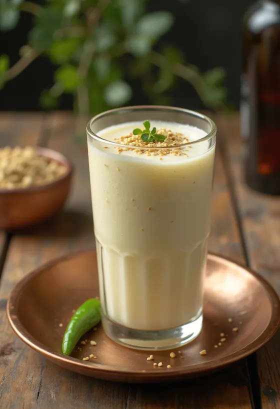 Masala Lassi friss korianderrel díszítve, fűszeres joghurt ital