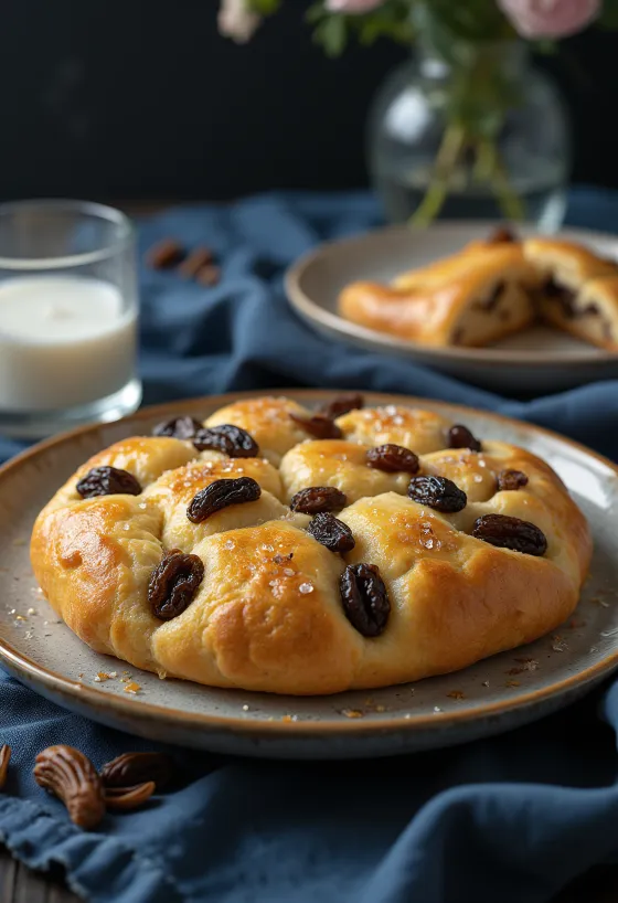Mazsolás és vaníliás focaccia tálalva