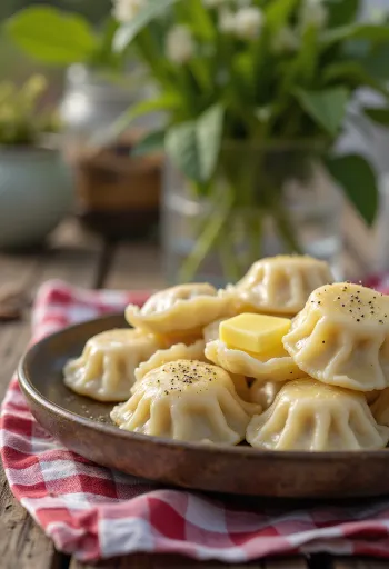 Szibériai pelmeni tejföllel tálalva