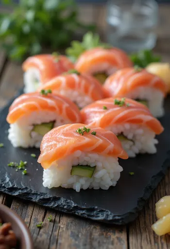 Oshizushi lazaccal, préselt rétegezett sushi rizs és friss lazac szeletekkel