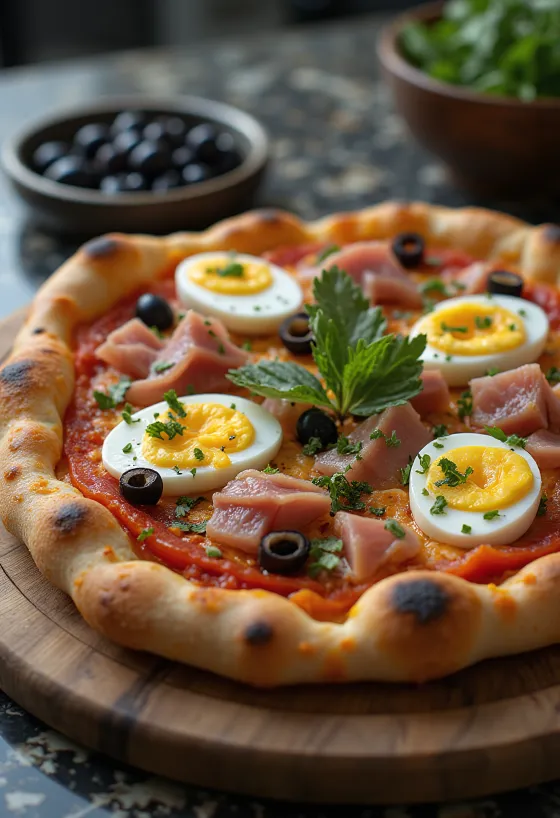 Tunéziai stílusú pizza tonhallal, főtt tojással és harissával