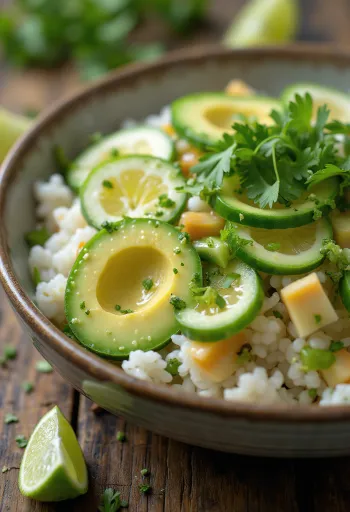 Poké lime-mal friss zöldségekkel és rizságyon, díszítve korianderrel és lime-léval.