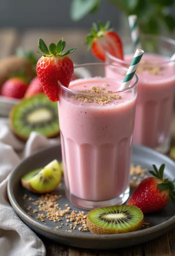 Probiotikus eper-kiwi kefir krémes, világos rózsaszínes-zöldes ital pohárban tálalva
