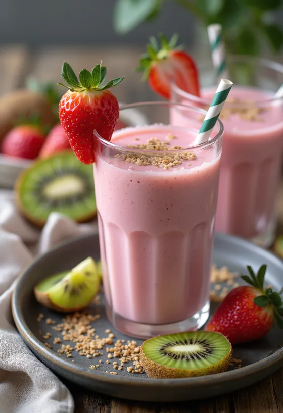 Probiotikus eper-kiwi kefir krémes, világos rózsaszínes-zöldes ital pohárban tálalva