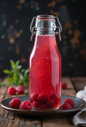 Probiotikus málna kombucha üvegben, friss málnadarabokkal szervírozva