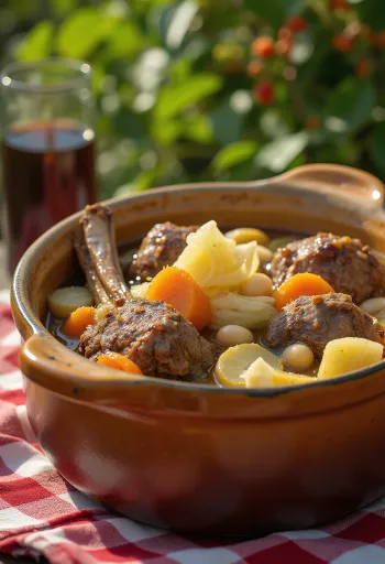 Puchero de cordero tálalva, gazdag bárányhússal és zöldségekkel