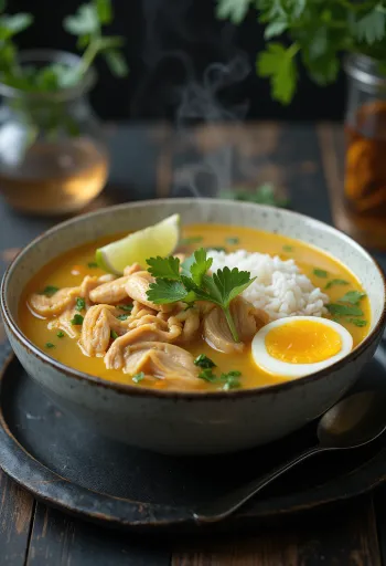 Soto ayam fokhagymával tálalva, friss lime-mal és főtt tojással