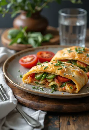 Stromboli zöldségekkel tálalva, gazdag zöldségekkel a tetején, kívül ropogós és belül puha.