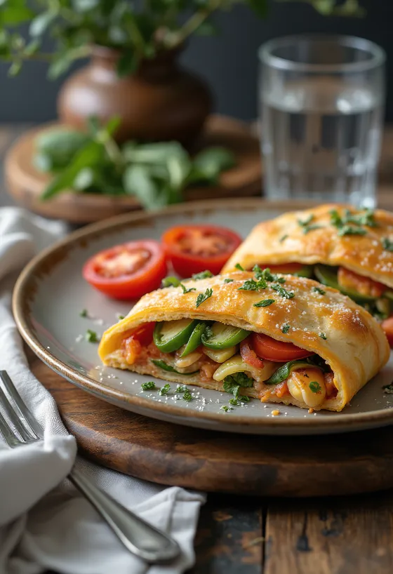 Stromboli zöldségekkel tálalva, gazdag zöldségekkel a tetején, kívül ropogós és belül puha.