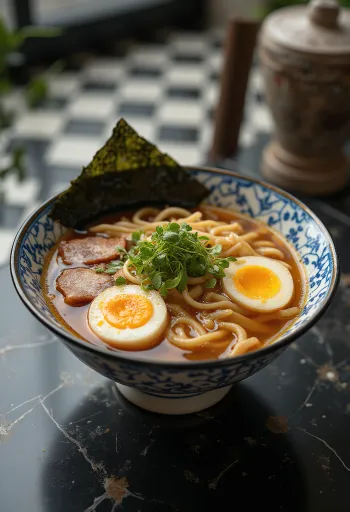 Tokyo-style ramen csirke alaplével, szójaszószos ízesítéssel és tojással tálalva