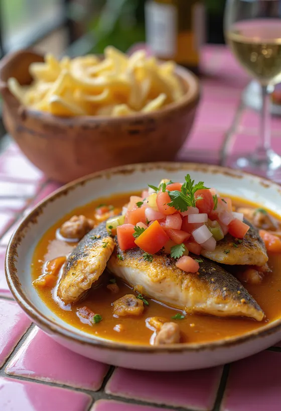 Vatapá de Peixe com Vinagrete, gazdag kókuszos szószban tálalva