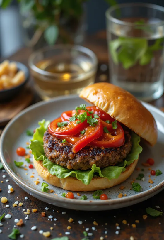 Vegán chilis burger friss zöldségekkel