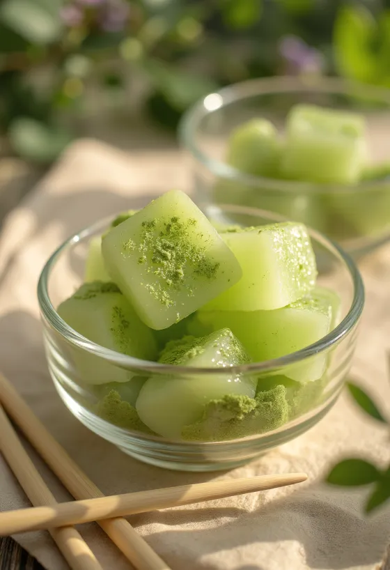 Warabi mochi kockák matcha porral megszórva, áttetsző zselés textúrával, elegánsan tálalva