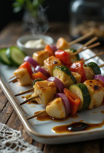 Zöldséges satay, grillezett zöldségek nyársakon, friss zöldségekkel