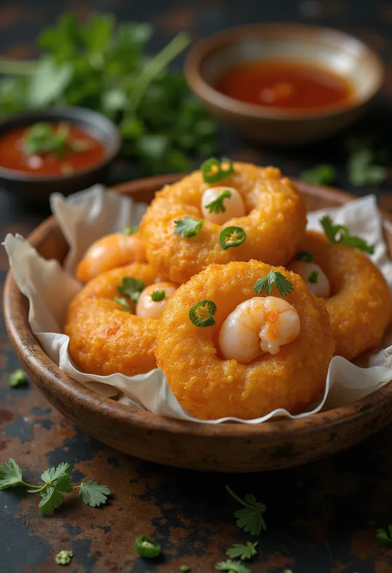 Akara garnélával, ropogós golyók tálalva