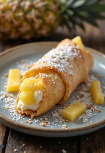 Ananászos-kókuszos cannoli desszert tálalva