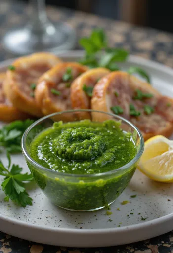 Chimichurri szósz tálalva grillezett húsokkal