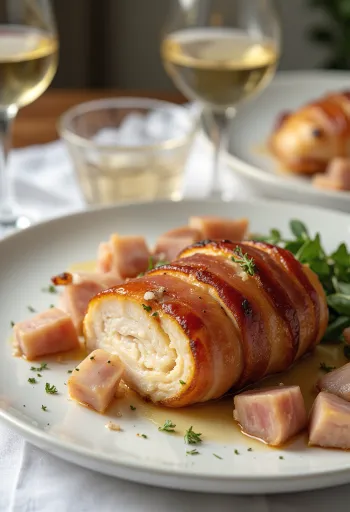 Baconbe tekert pulykamell, friss zöldségekkel tálalva