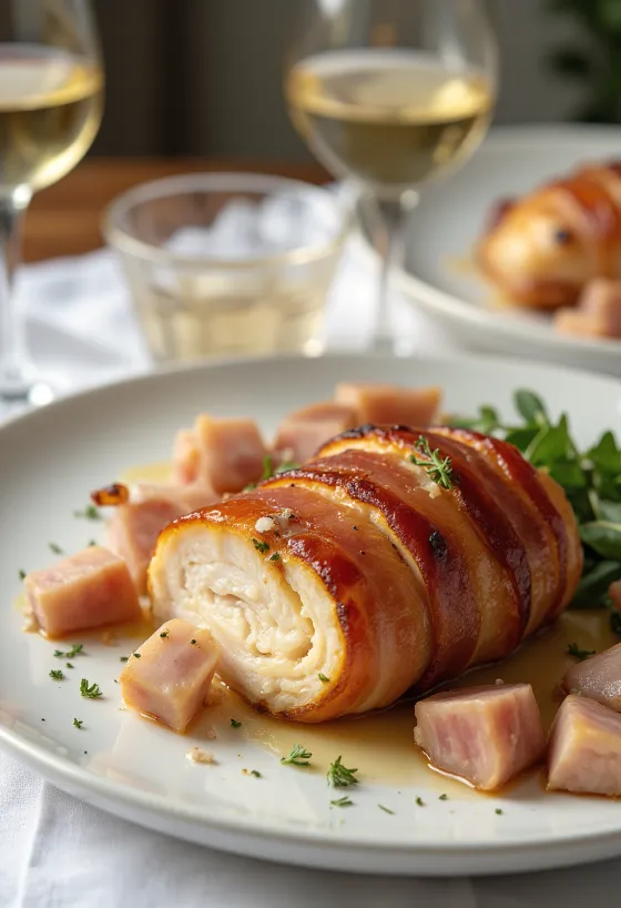 Baconbe tekert pulykamell, friss zöldségekkel tálalva