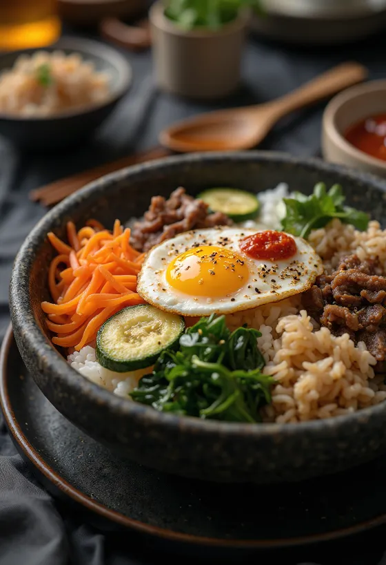 Bibimbap tálalva tükörtojással és zöldségekkel