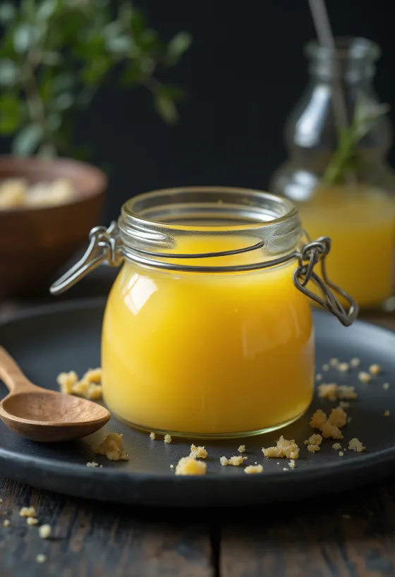 Frissen készült bivalytej alapú ghee, tiszta, aranyszínű folyadék egy üvegedényben