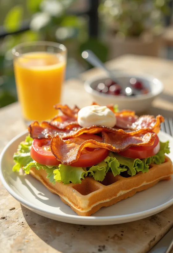 BLT gofri bacon szeletekkel, paradicsommal és salátával tálalva