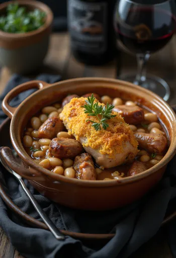 Cassoulet francia húsos babos étel tálalva