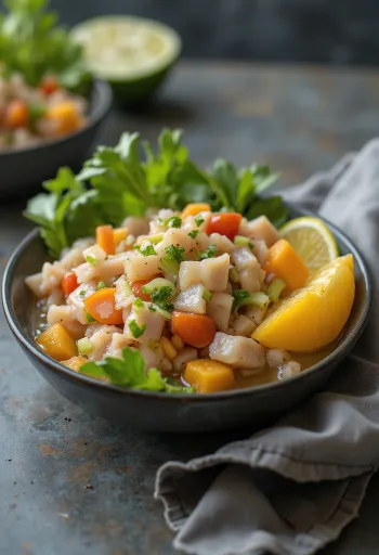 Ceviche Costarricense tálalva lime-lével és avokádóval